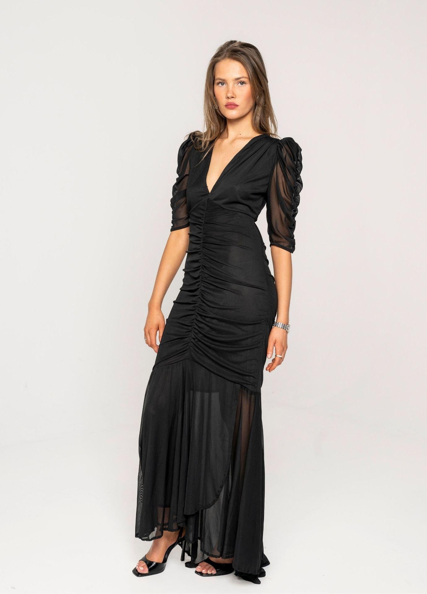 Sofia Dress Night Black Mesh | Black Ruched Mesh Maxi Dress