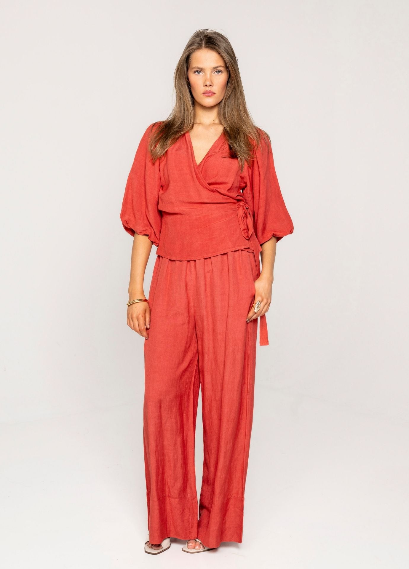 Woman wearing a red linen set